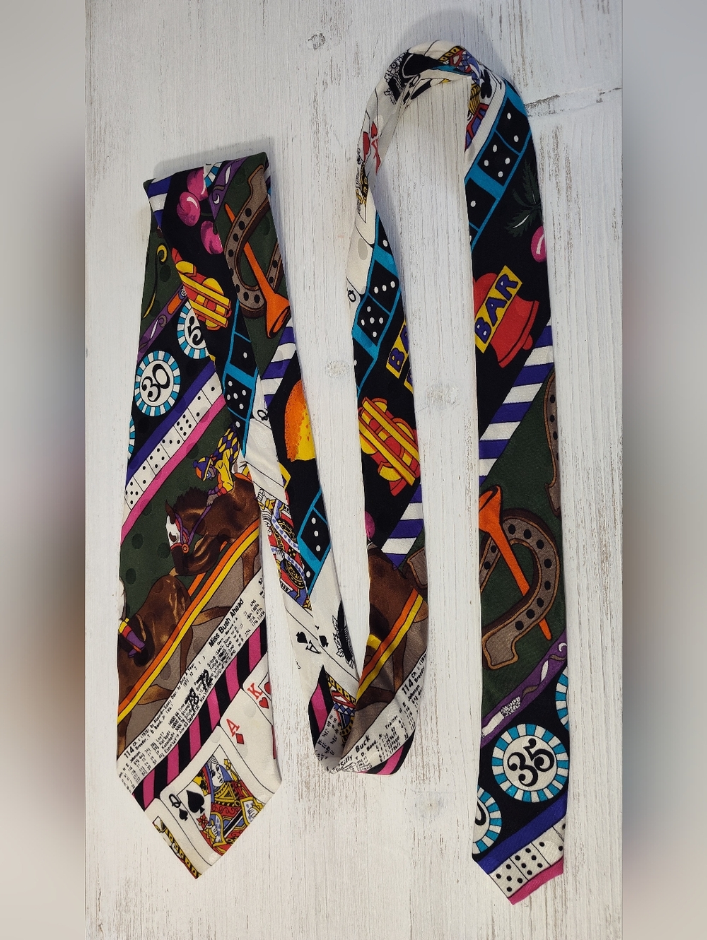 Vintage 1990 Nicole Miller Colorful Novelty Horse Racing & Playing Card Tie Silk